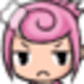a close up of a cartoon character with pink hair .