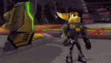 a video game character is standing in front of a green shield .