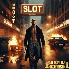 a man in a trench coat stands in front of a sign that says slot