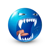 a blue ball with fangs and a tongue sticking out of it