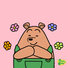 a cartoon drawing of a bear with flowers around it and the words pants bears on the bottom