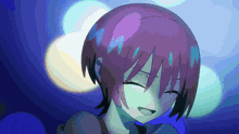 a drawing of a girl with short purple hair