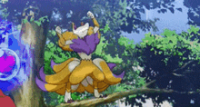 a cartoon character is standing on a tree branch in the woods