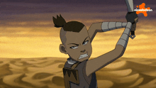 a cartoon of a boy holding a sword with a nickelodeon logo in the background