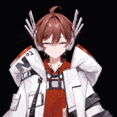 a girl wearing headphones and a jacket that says n on it