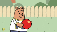 a cartoon of a bear wearing a shirt that has the letter m on it