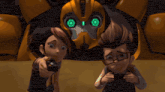 two cartoon characters are playing a video game with a robot in the background
