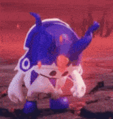 a cartoon character with horns is standing on a rocky surface .