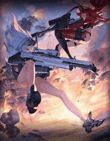 a painting of two anime girls holding guns with one of them having a sniper scope