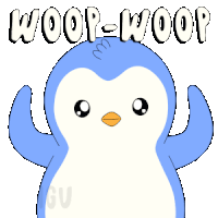 a blue and white penguin with the words woop-woop on it