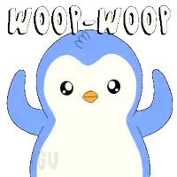 a blue and white penguin with the words woop-woop on it
