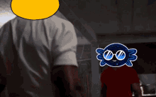 a man in a white shirt has a yellow speech bubble on his head