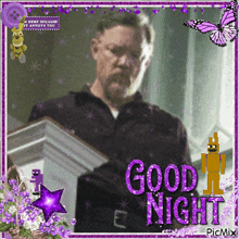 a picture of a man in a purple frame with the words good night