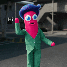 a cartoon character in a green suit is waving with the word hi behind him