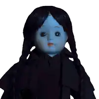 a doll with blue eyes and black hair is standing in the dark
