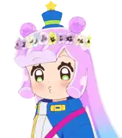 a cartoon girl with a crown of flowers on her head making a face