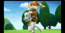 a couple of cartoon dogs are standing next to each other in a field .
