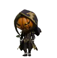 a video game character with a pumpkin head and a hood