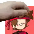 a cat is petting a cartoon character 's head with a red headband .