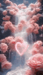 a waterfall surrounded by pink roses with a pink heart in the middle .