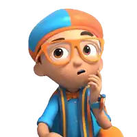 a cartoon character wearing glasses and a blue hat