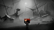 a black and white drawing of a shipwreck with a person standing in front of it with a red sign that says yesul