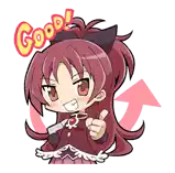 a cartoon girl with red hair is giving a thumbs up and says good .