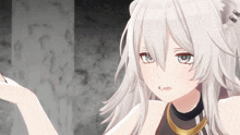 a close up of a anime girl with white hair and blue eyes