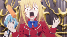 a girl in a red jacket with a blue bow tie is holding a carrot