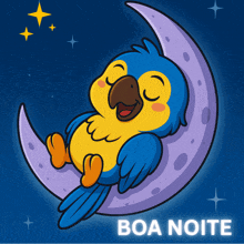 a cartoon parrot is sleeping on a crescent moon