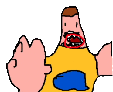 a cartoon of a man with a yellow shirt and a red circle around his mouth