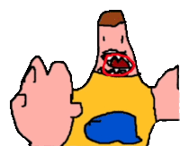 a cartoon of a man with a yellow shirt and a red circle around his mouth