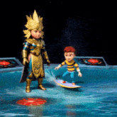 a boy is riding a surfboard next to a cartoon character
