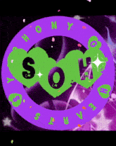 a purple circle with a green heart that says so on it