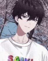 a close up of a person wearing a white shirt with the word saiki on it