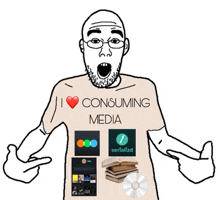a man with a beard and glasses is wearing a shirt that says " i love consuming media "