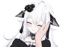 a hand is touching a girl 's face with a black rose in her hair