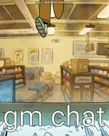 a cartoon drawing of a store with the words gm chat