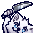 a cartoon of a white cat holding a knife in its mouth .