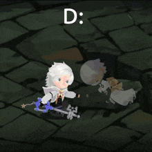 a cartoon character is standing next to another character and the letter d is above them