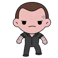 a cartoon of a man with a tattoo on his arm holding a lightning bolt