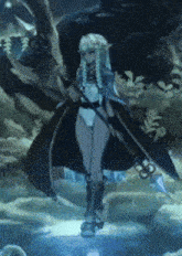 a woman with long blonde hair is holding a sword in a dark forest