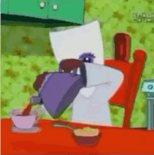 a cartoon character pours coffee into a cup
