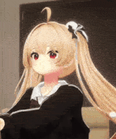 a girl with long blonde hair and red eyes is wearing a black dress