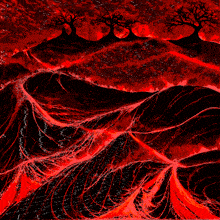 a computer generated image of a red and black landscape with trees
