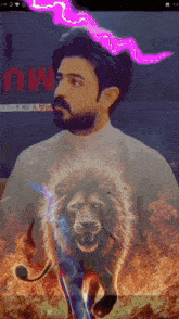 a man with a beard is standing next to a lion with flames coming out of its mouth