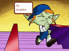 a cartoon character says lol escalator while walking down stairs