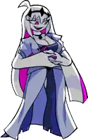 a cartoon drawing of a woman with horns on her head standing with her arms crossed .