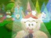 a blurred image of a cartoon character wearing a party hat and bow tie