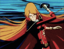 a woman with long blonde hair is holding a sword and wearing a red dress